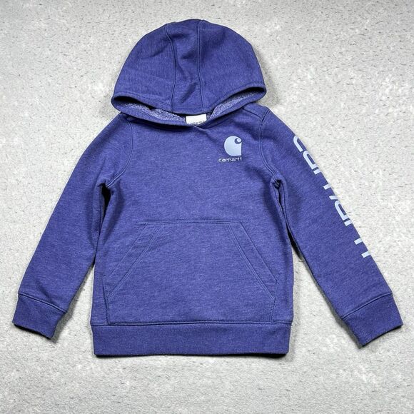 Carhartt Sweatshirt Hoodie Girls Size 4 Purple Arm Spellout Logo Long Sleeve - Picture 1 of 11
